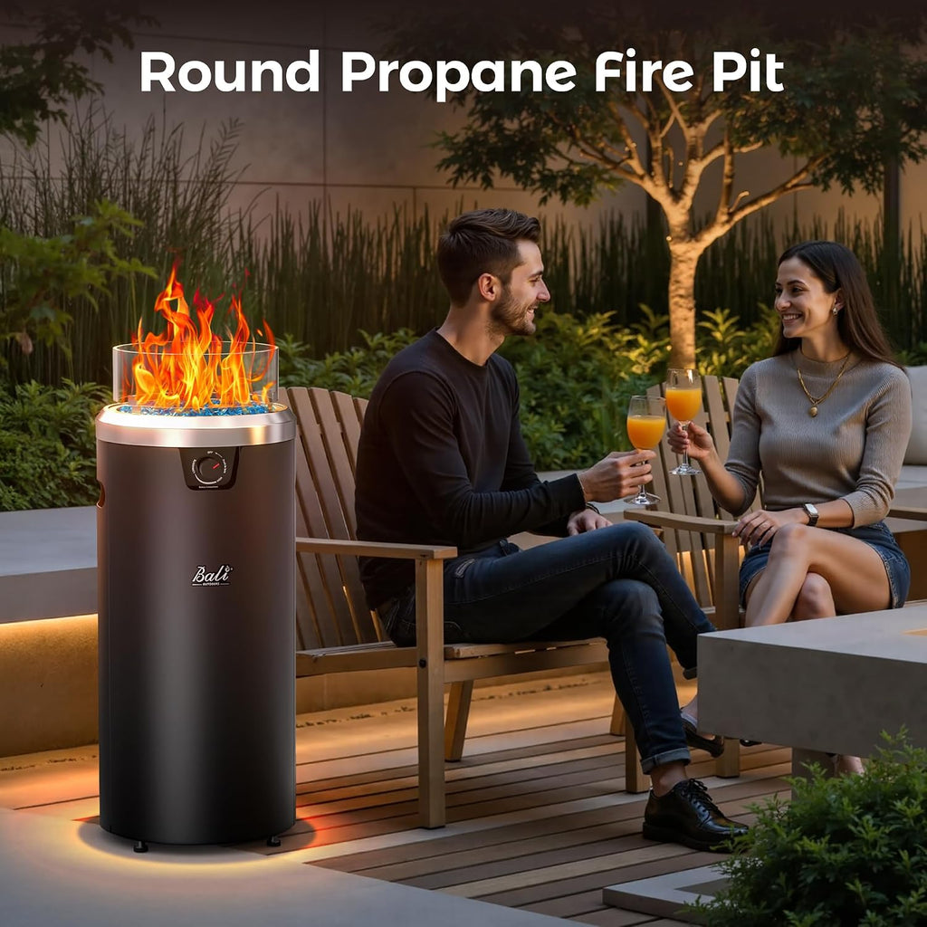 Propane Fire Pit Black, Column Outdoor Fire Pit Round, Outdoor Firepits for Outside Garden, Patio