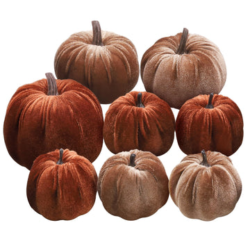 8pcs Artificial Velvet Brown & Champagne Fabric Pumpkins Decor