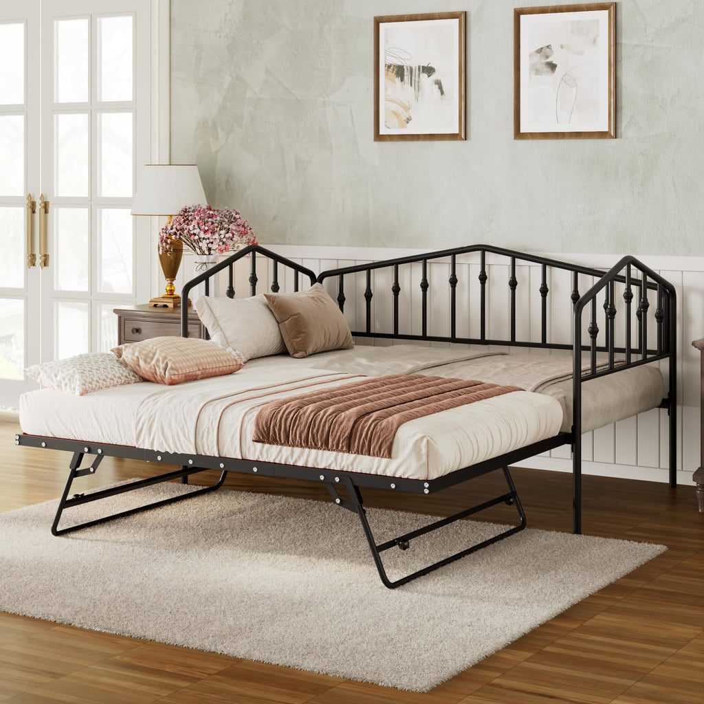 Daybed with Trundle, Metal Daybed with Vintage Headboard, to Extendable Bed Frame, No Box Spring