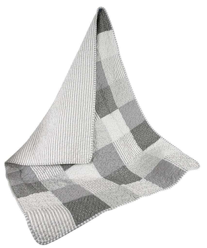 Heirloom-Quality Pieced Crib Quilt, Gray and White Stripes and Dots with Straight Hem