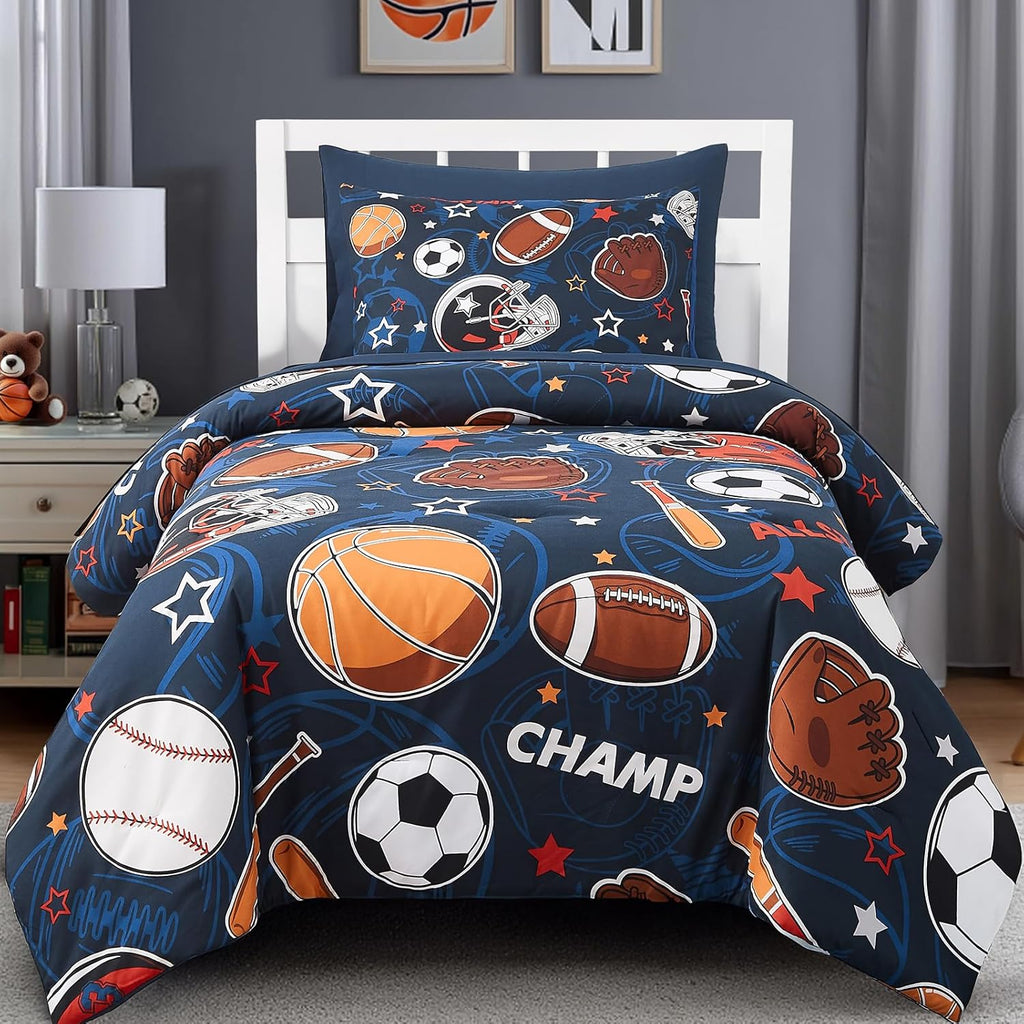 Twin Comforter Set for Boys-5 Pieces Sports Ball Games Glow in the Dark Twin Bedding Sets for Kids, Soft Bed in A Bag