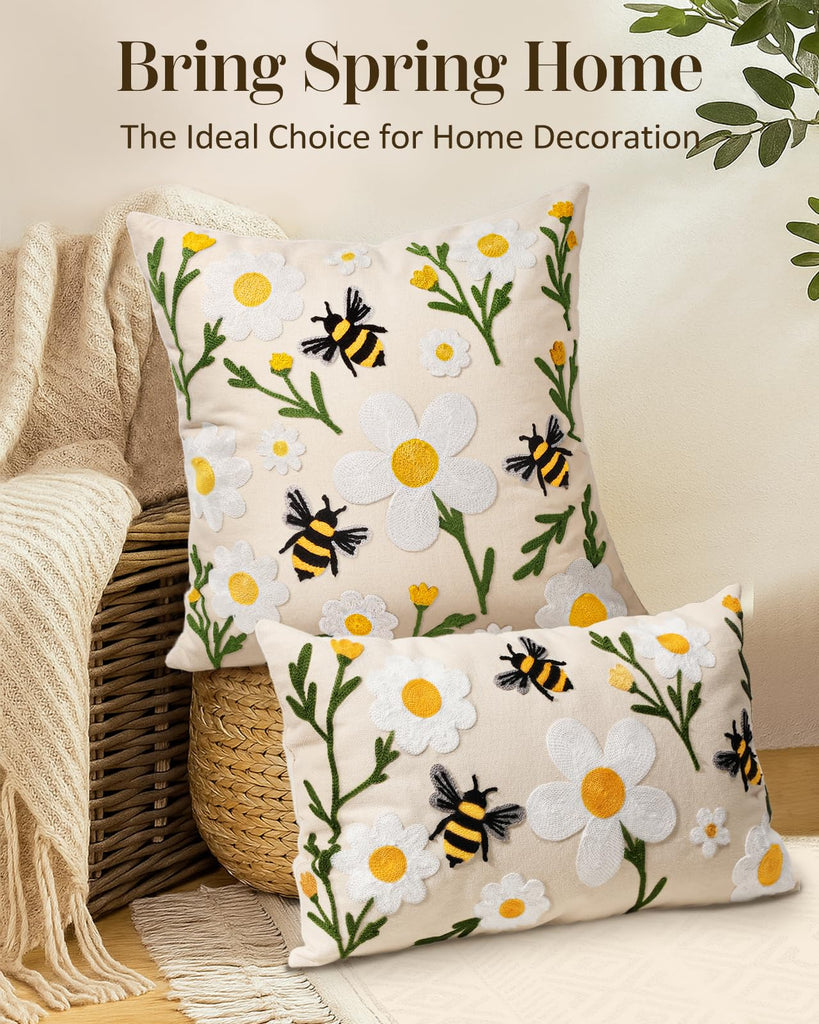 Embroidered Lumbar Pillow Cover 20x12 Inch, Flower Bee