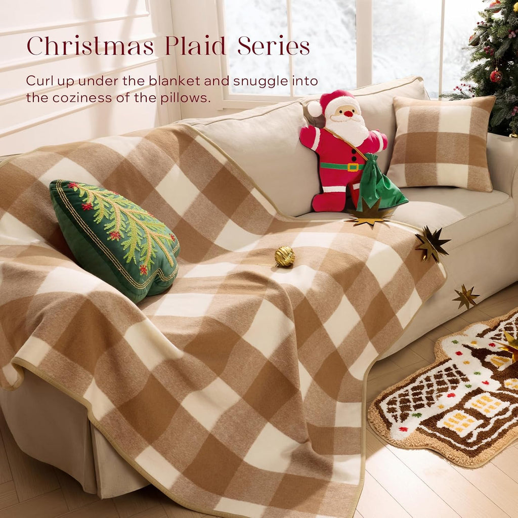 Christmas Throw Blanket, Premium Faux Wool Buffalo Check Blanket with Locking Edge Warp-Knitted Christmas Plaid