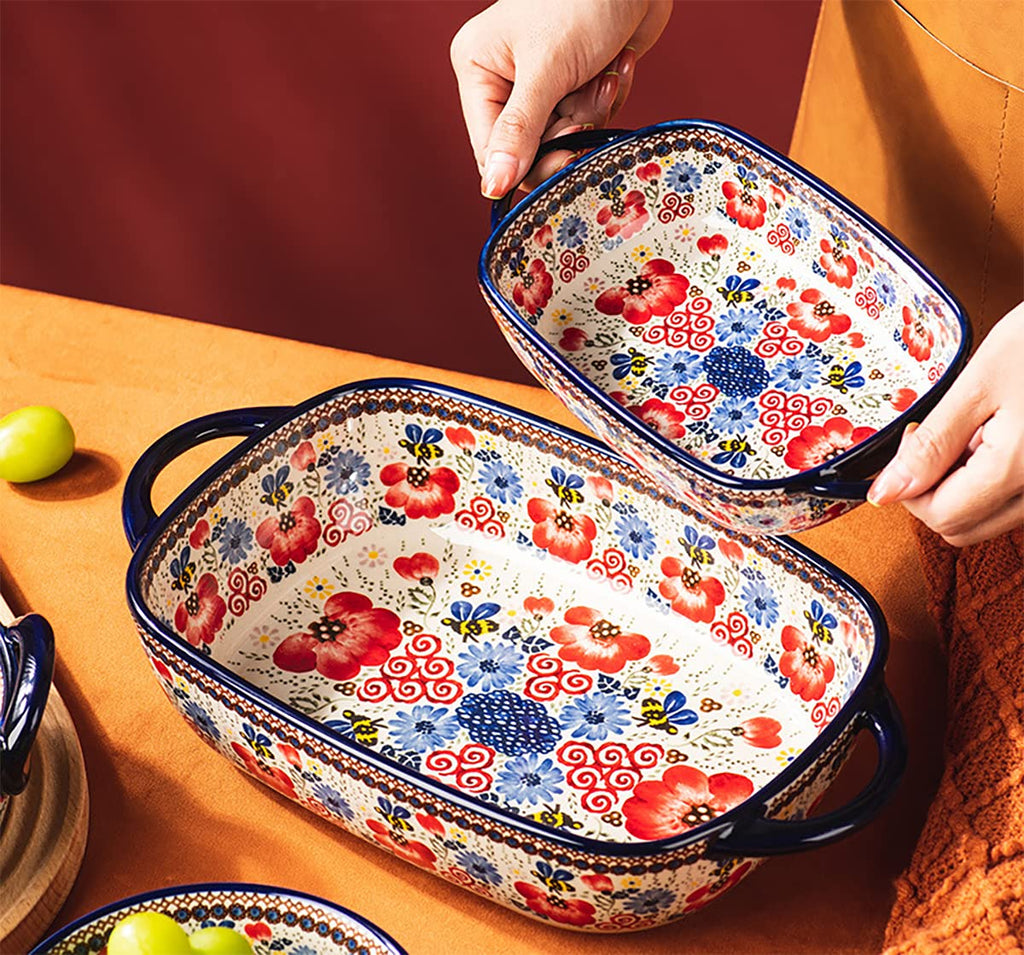 Vintage Flowers Style Ceramic Bakeware Casserole Dish Baking Pan Lasagna Pans Baking Dish with Handles for