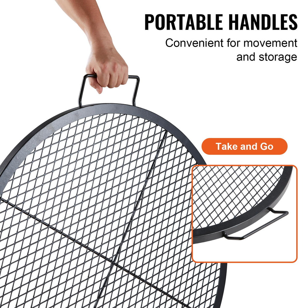 X-Marks Fire Pit Grill Grate, Round Cooking Grate, Heavy Duty Steel Campfire BBQ Grill Grid with Handle and Support X
