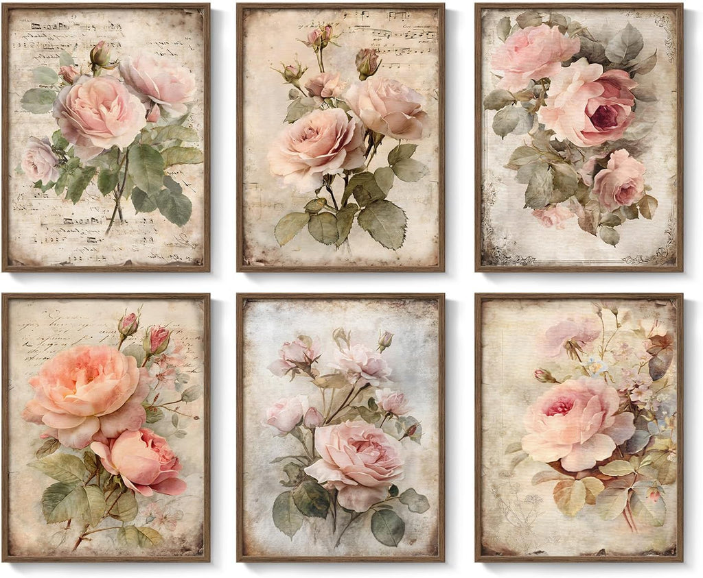 Framed Vintage Floral Wall Art, Set of 6 Boho Pink Rose Flower Canvas Painting Prints Artwork for Rustic Farmhouse