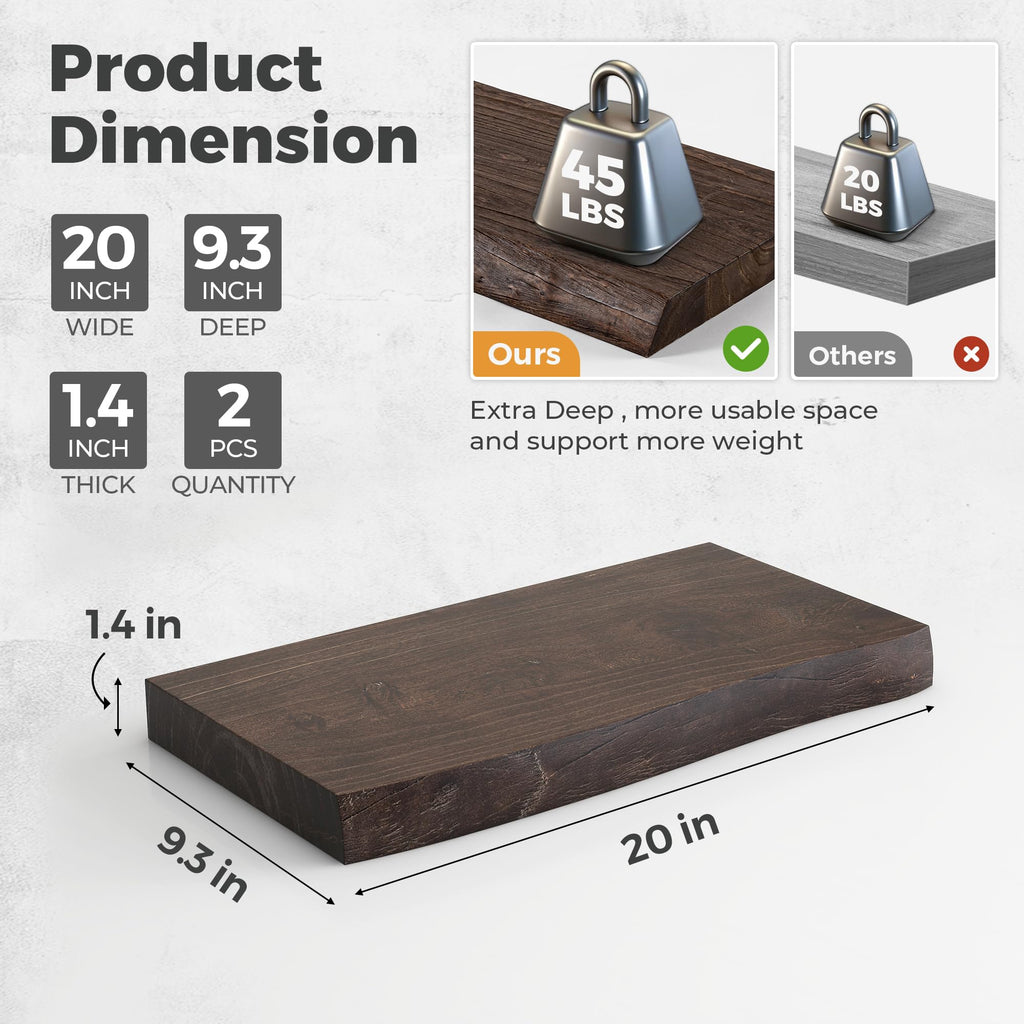Elm Floating Shelves for Wall - 40" W x 9.3" D Rustic Solid Wood Shelves with Invisible Bracket, Wall-Mounted Storage