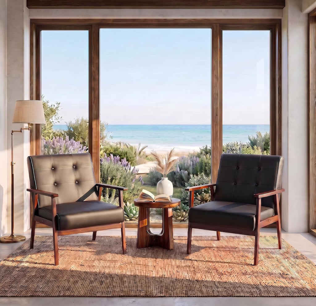 Retro Leather Accent Chairs, Arm Lounge Chairs - Set of 2