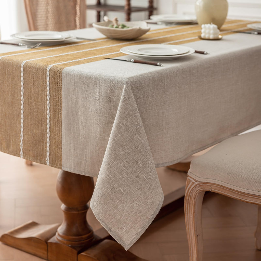 Rustic Waterproof Cotton Blend Tablecloth, Heavy Weight Embroidery Table Cover for Rectangle Tables, Burlap Farmhouse