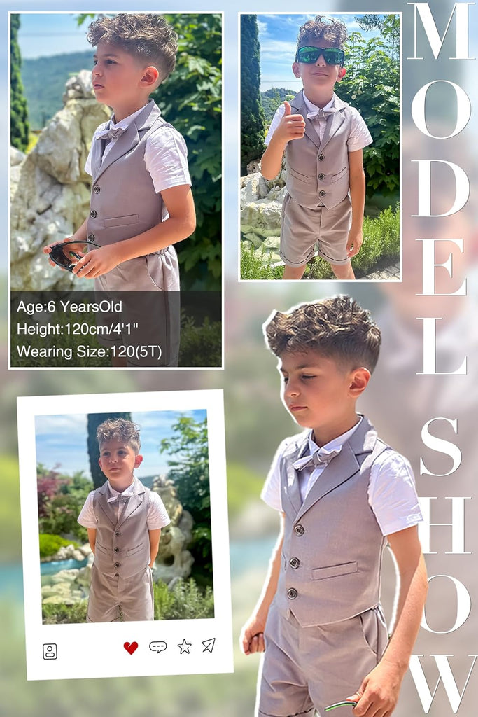 4Pcs Boys Suit, Kids Summer Dress Outfits Shirt Vest Shorts Bow Tie