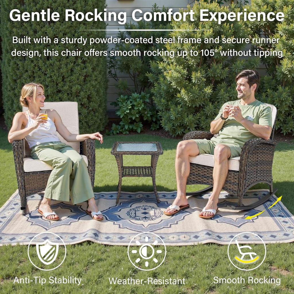 Patio Rocking Chair Wicker Chair, 1 Piece Outdoor Rocking Chair Seating with Cushions for Porch Deck Balcony