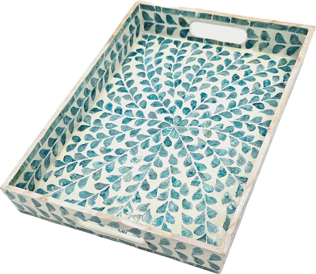 Rectangular Mother of Pearl Serving Tray Nacre Wood Lap Ottoman Tray for Coffee Table, Luxury Decorative Eating