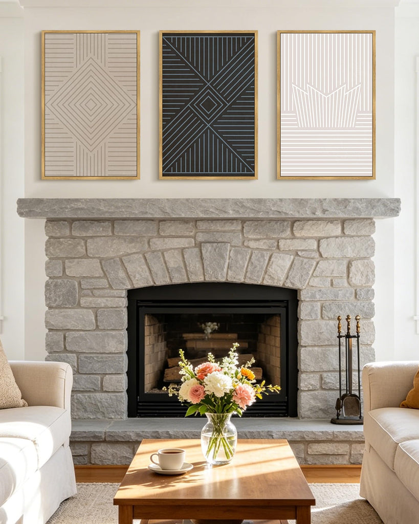 Minimalist Abstract Bohemian Framed Wall Art Modern Boho Neutral Line Wall Decor Geometric Artwork Bedroom Dining
