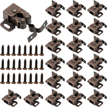 20 Pcs Cabinet Door Latch and Catch Hardware Double Roller Catch Cabinet Latches with Spear Strike Doors Kitchen (Brown