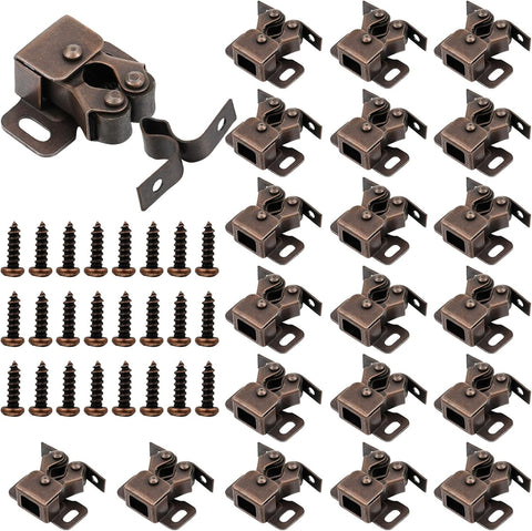 20 Pcs Cabinet Door Latch and Catch Hardware Double Roller Catch Cabinet Latches with Spear Strike Doors Kitchen (Brown
