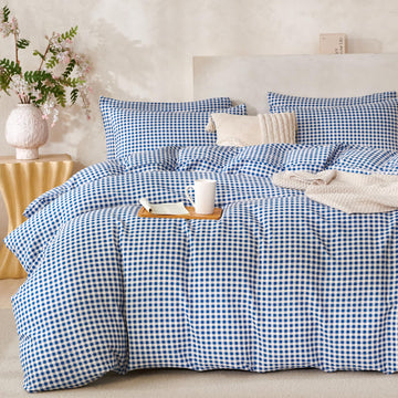 Duvet Cover Set Grid Blue 100% Soft Washed Microfiber Jacquard 3 Pieces Grid Bedding Sets Blue White Duvet