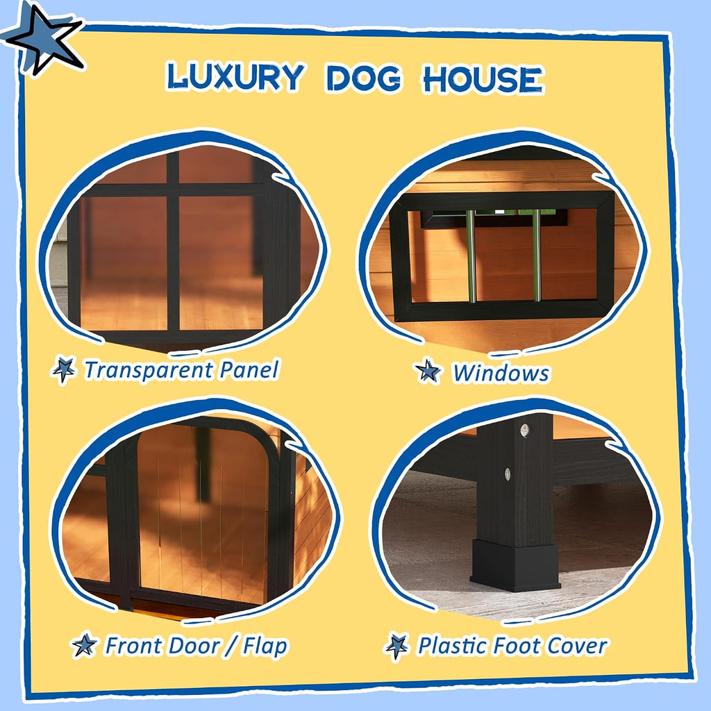 Outside Cabin-Style Wooden Dog House for Large Dogs - Yellow