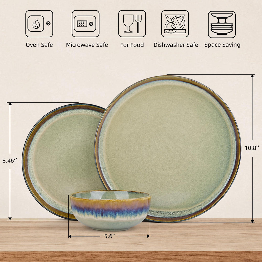 12 pcs Olive Green Reactive Glaze Stoneware Dinnerware Sets for 4