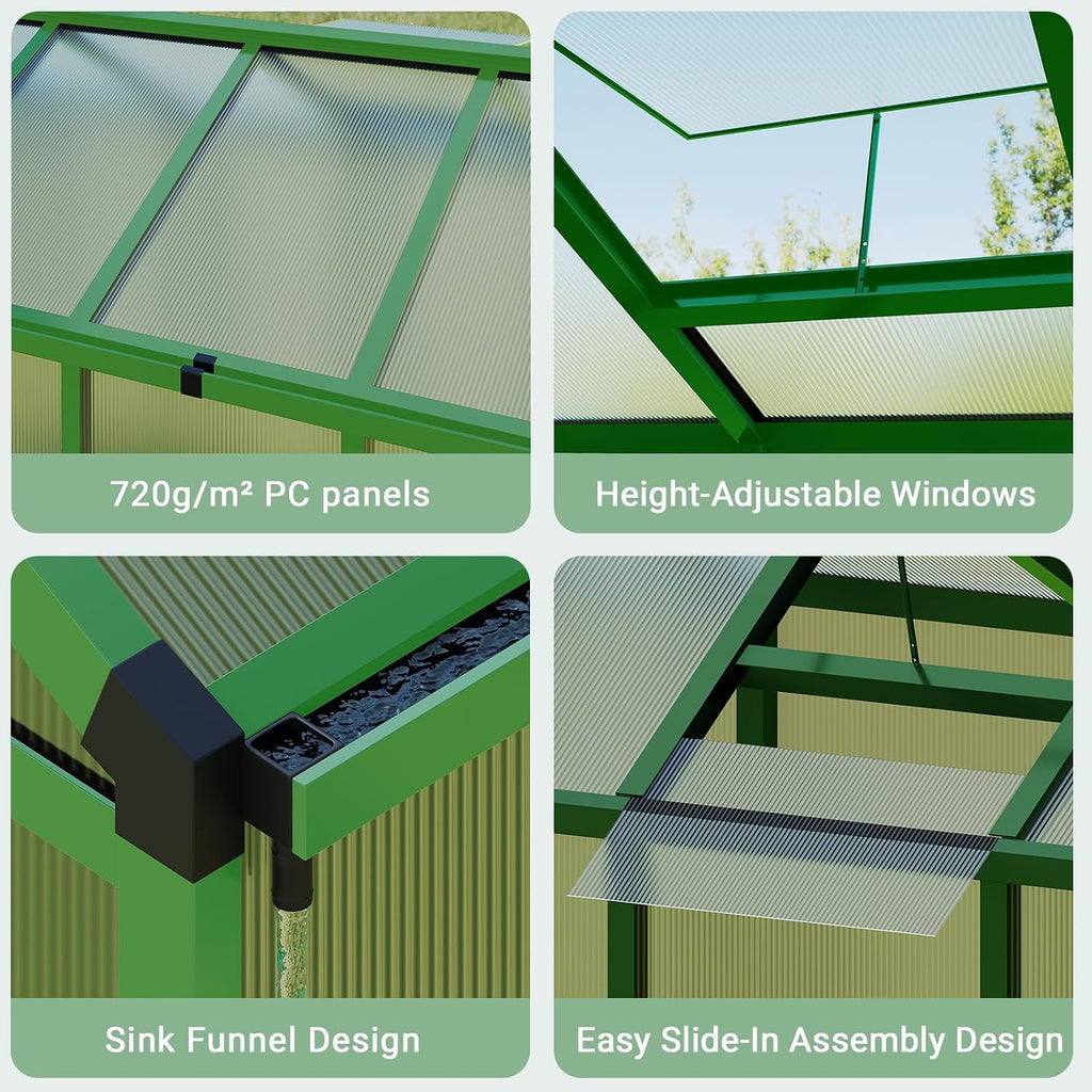 6×8 FT Greenhouse, Large Walk in Greenhouses for Outdoors and Garden Planting, Polycarbonate Greenhouse with Enhanced