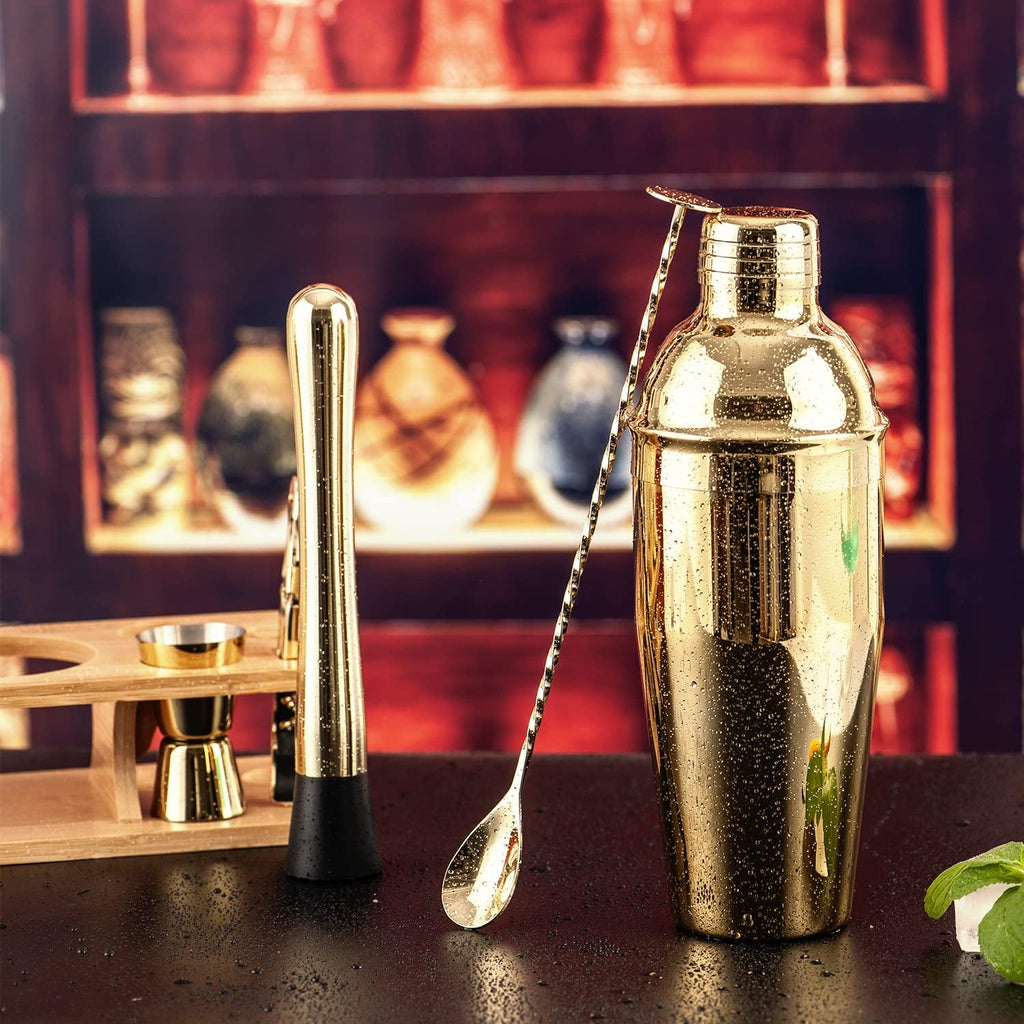 Shakers Bartending, -Cocktail Shaker Set Gold Drink Mixer with 25oz Martini Shaker,Muddler,Bar Spoon and More - Set of 11