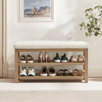 2 Tier Shoe Rack Bench with Cushion, Solid Wood Shoe Benches, Mid-Century Modern Shoe Storage Bench, Closet, Front
