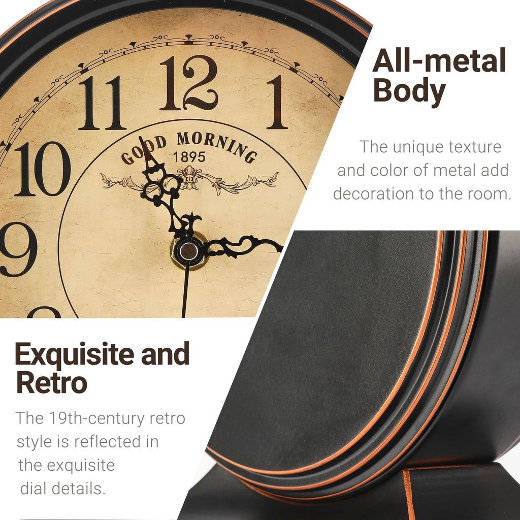 7-Inch Retro Mantel Desk Clocks, Silent Vintage Table Clock with All Metal Frame, Easy to Read Larege Retro Mantel