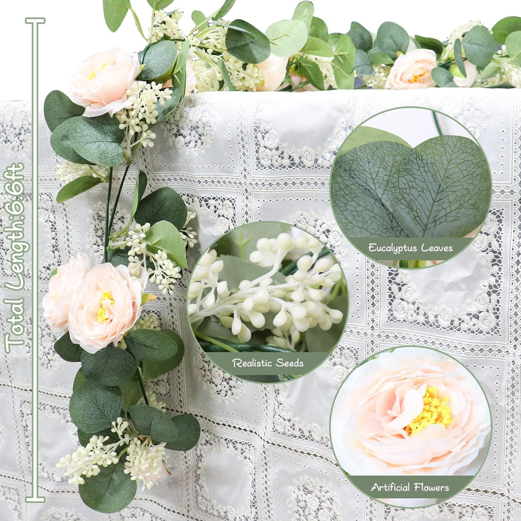 Pink 6.6Ft Artificial Eucalyptus Flower Garland with Fake Rose Flower Vine Seeded Eucalyptus Leaves Greenery - Set of 2