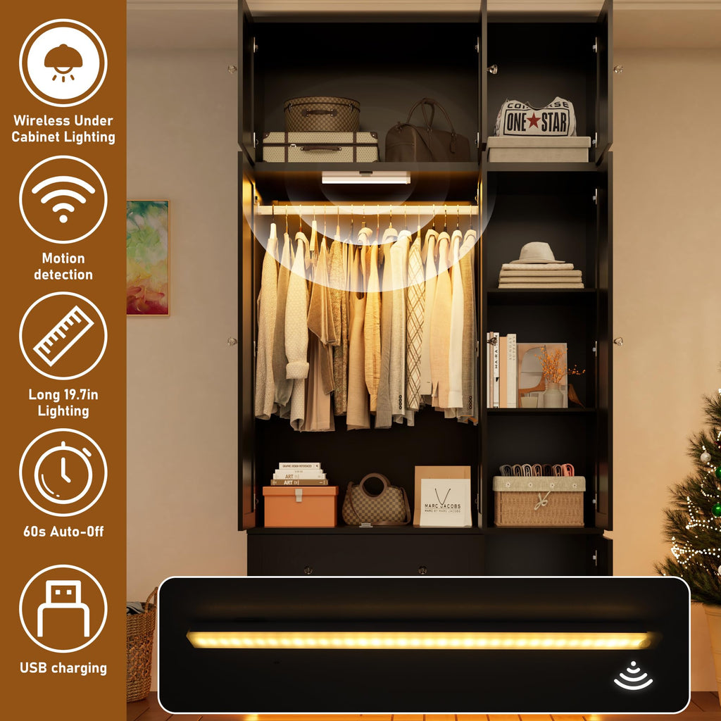 92.2" Tall Armoire Wardrobe Closet with Mirror & Motion Sensor Light, Large Storage Cabinet with 2 Drawers, Hanging