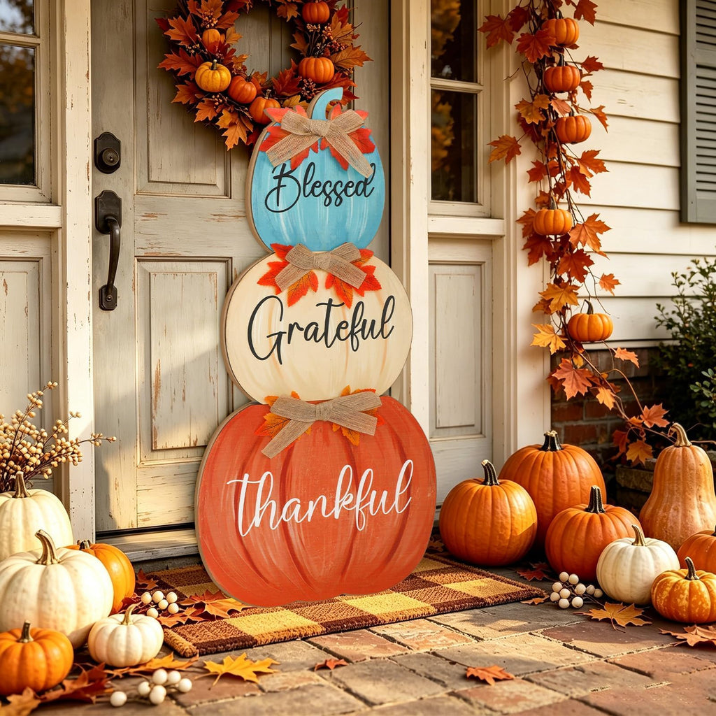 Fall Porch Decoration Blue Orange Stacked Pumpkins Wooden Standing Decor Harvest Outdoor Sign Farmhouse Autumn