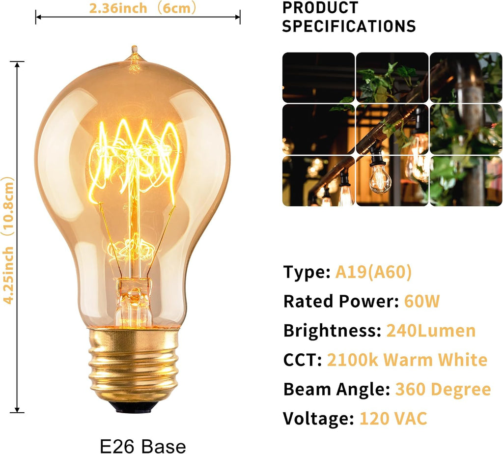 Warm Incandescent Light Bulbs 60 Watt,A19/A60 Vintage Style Edison Bulbs E26,Soft Yellow Light Bulbs,Amber