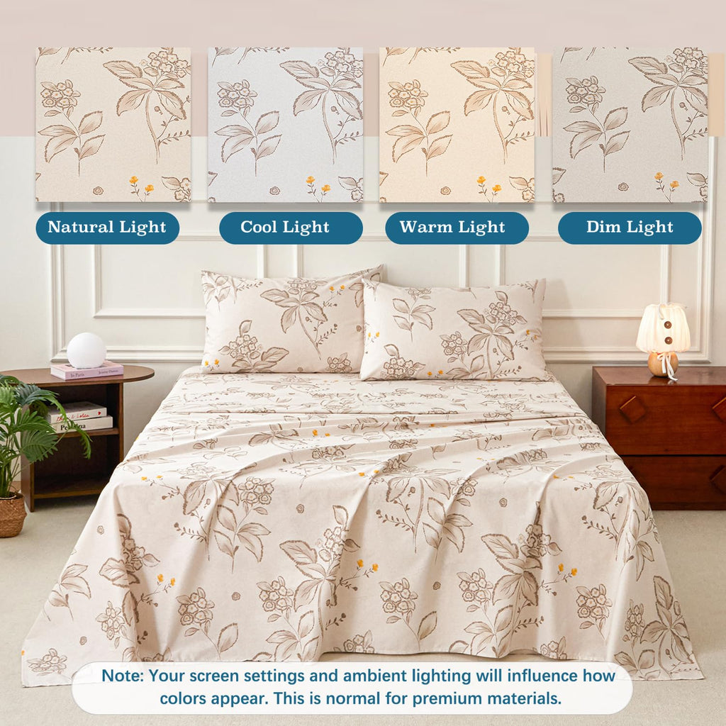 Cream Floral Bed Sheets Set 100% Cotton Percale Sheets Farmhouse Flower Printed Beige Vintage Cottage Bedding