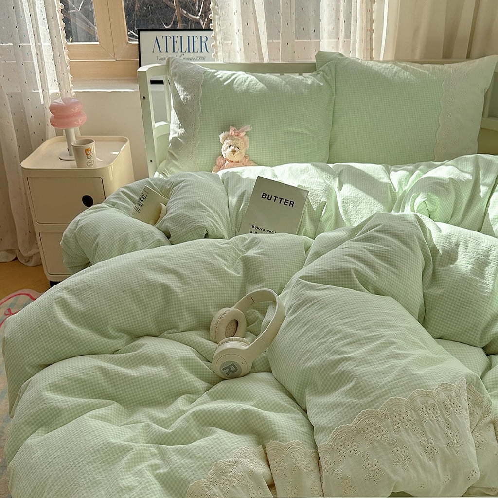 Green Gingham Comforter Set Romantic Lace Style Checkered Pattern Comforter Set Farmhouse Green Grid Plaid