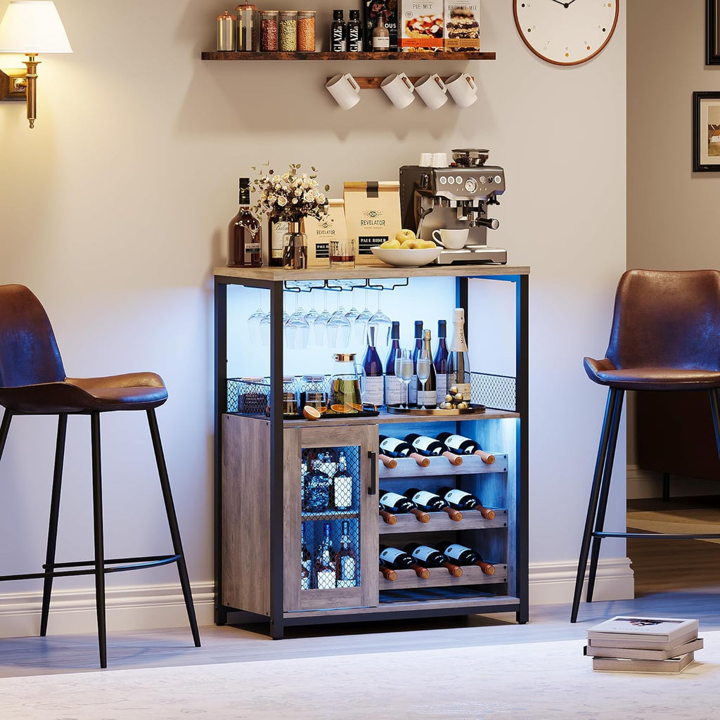 Industrial Wine Bar Cabinet - Adjustable Wine Rack, Glass Holders, Compact Sideboard , Removable 3-Tier Storage