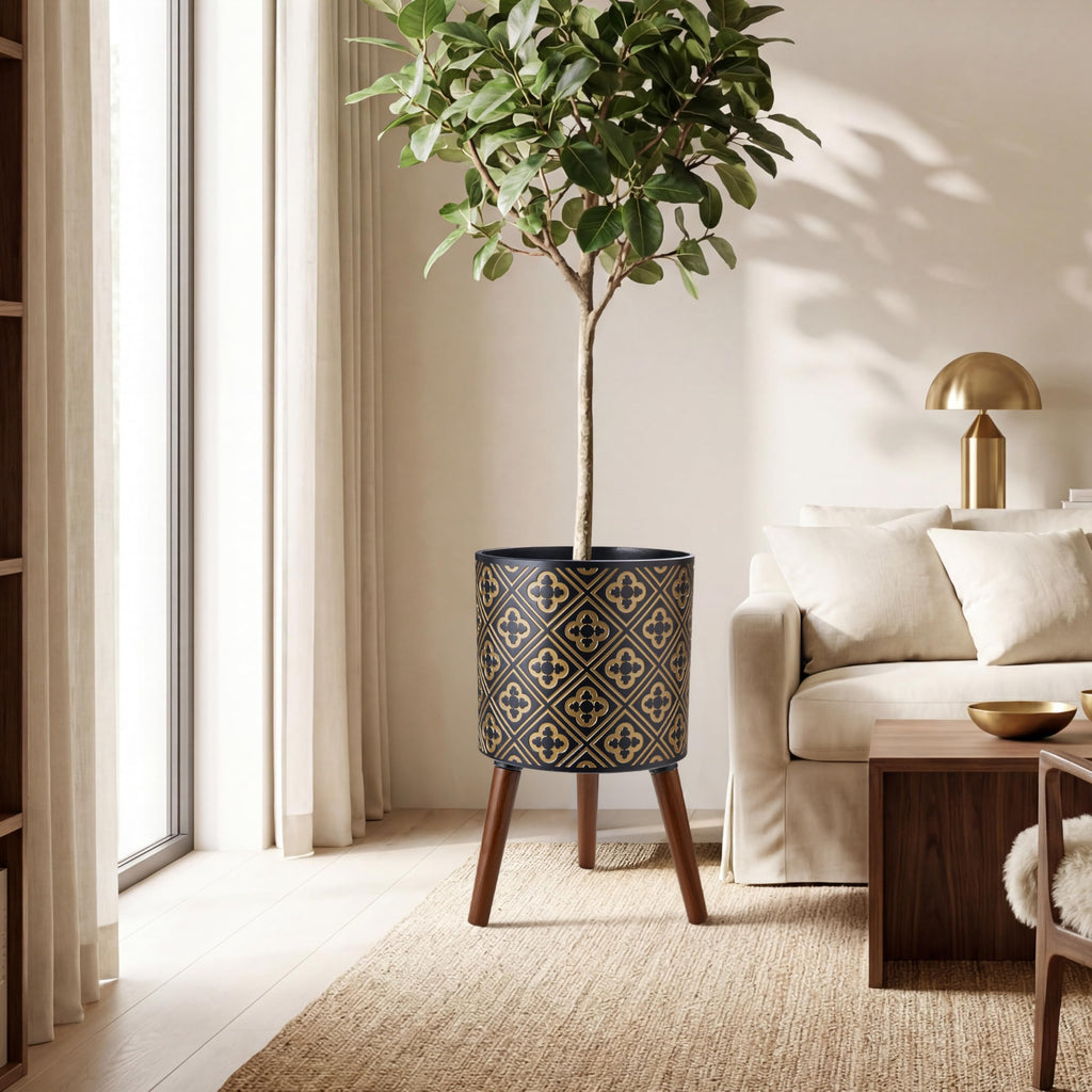 12 Inch Plant with Stand Planter for Indoor Plants Large Modern Mid-Century Plant Pots Indoor Outdoor with Drainage