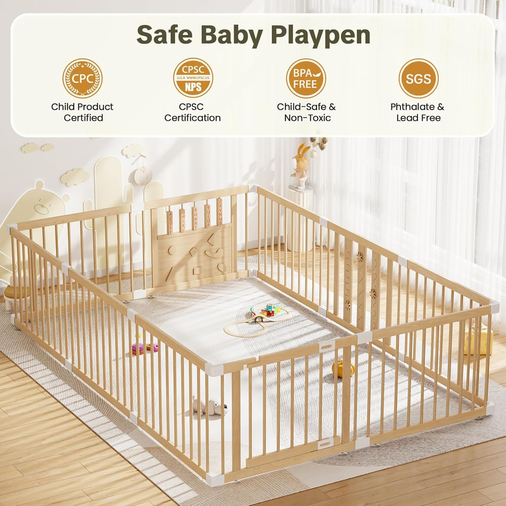 Wooden Baby Playpen with Child Safety Lock, 94x64 Inch Large Playpen for Babies and Toddlers Indoor Foldable Play Pen