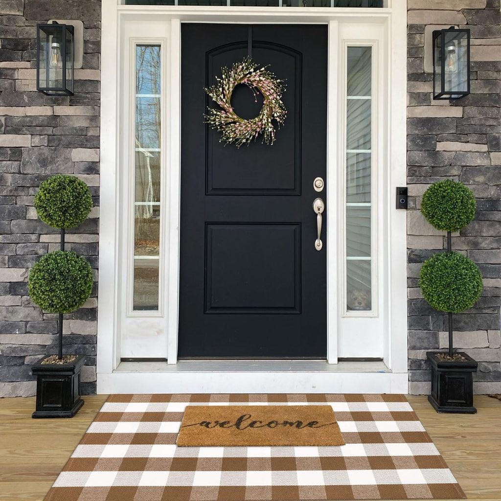 Fall Ourdoor Rug Farmhouse Brown and White Buffalo Check Rug Layered Welcome Door Mat for Front Porch Decor, Front