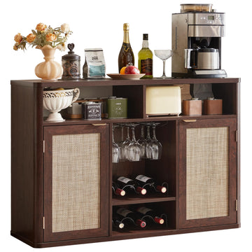 Rattan Wine Bar Cabinet with Storage, Walnut