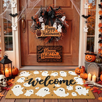 Halloween Welcome Mat Spooky Non-Slip Front Door Mat, 17x29 in | Faux Coir, Rubber Backing, Shed & Fade Resistant