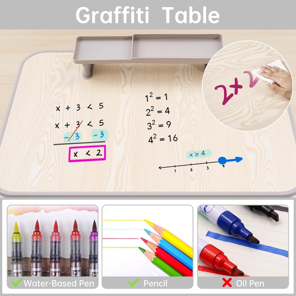Kids Desk and Chair Set, Height Adjustable Childrens Study Desk, Graffiti Table for 3-12 Years, Kids Art Table