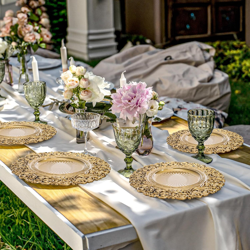 Gold Charger Plates, 13" Round Plastic Dinner Chargers, Decorative Hollowed Out Flowers Serving Plates - Set of 12