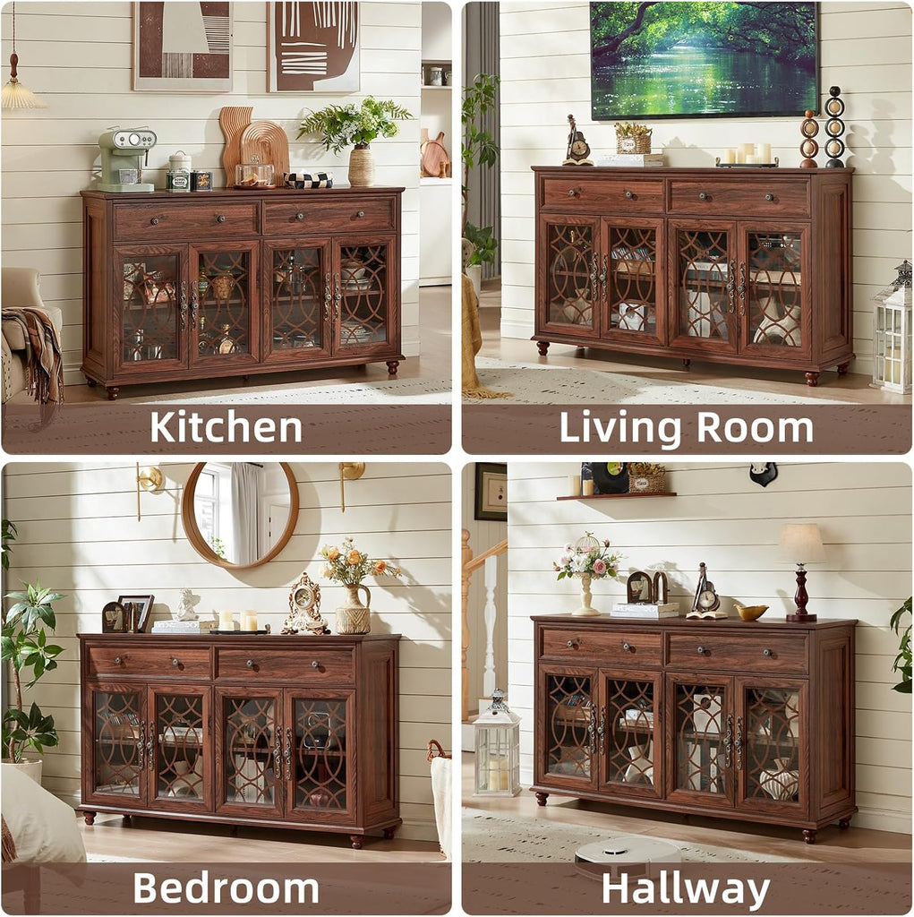 Farmhouse Sideboard Buffet Cabinet with Storage,59" Large Credenza with 4 Glass Doors & 2 Drawers,Adjustable Shelves