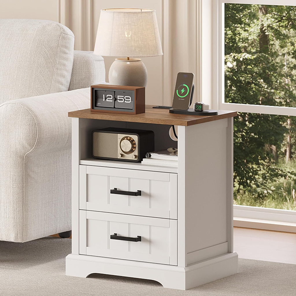 Farmhouse Night Stands with Charging Station, Wood Nightstand Set of 2 with 2 Drawers, Bedside Table with Open