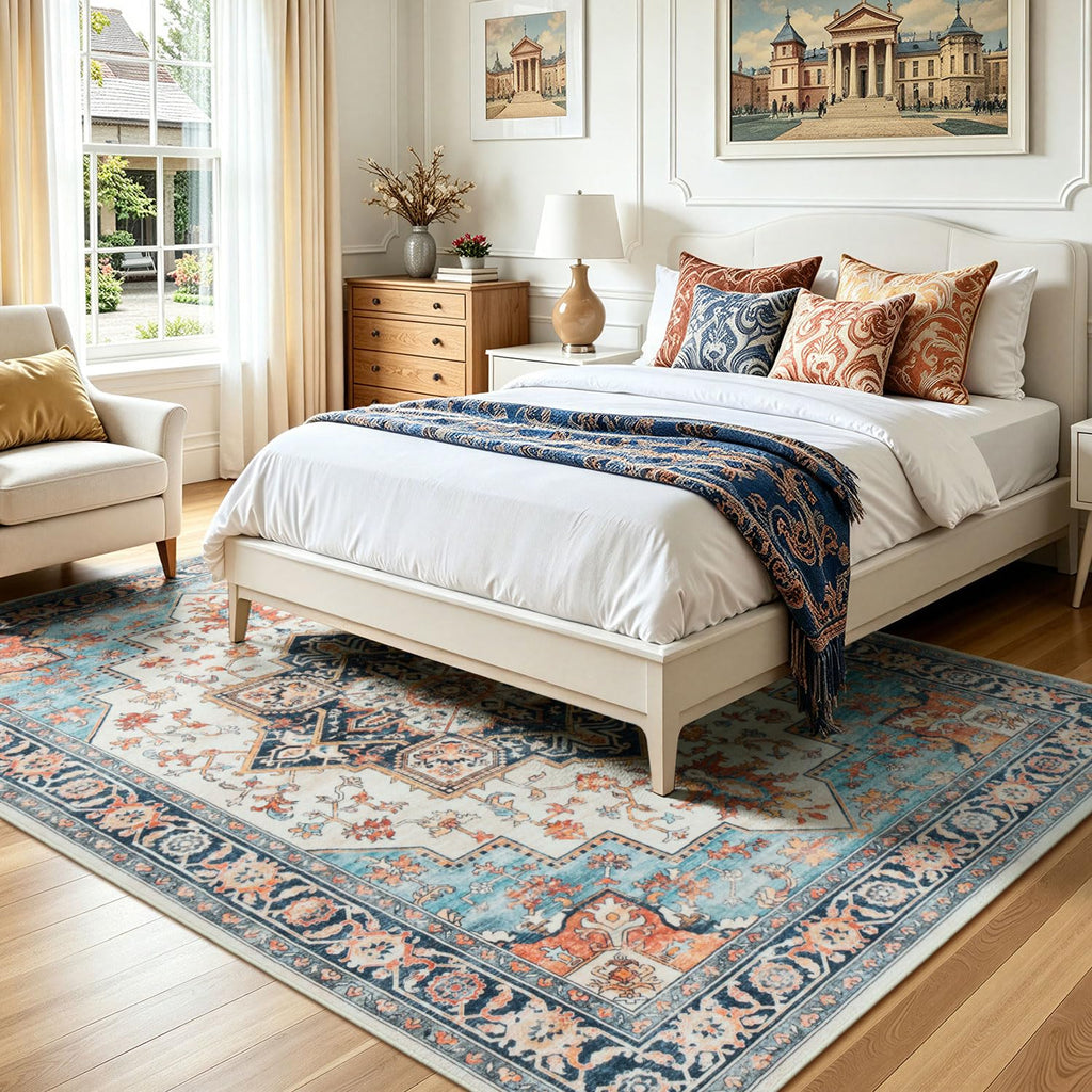 Washable Rugs 5x7, Blue and Orange Vintage Carpet