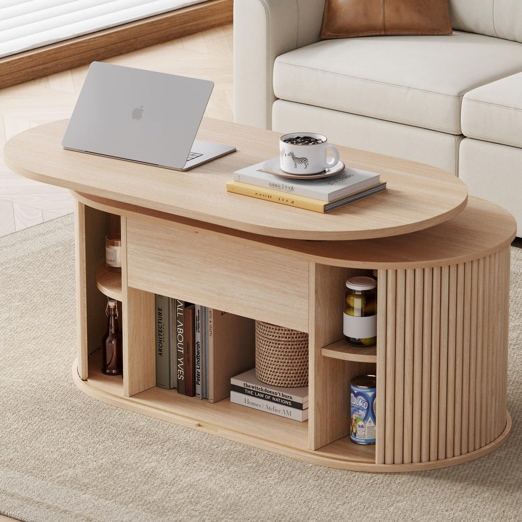 Lift Top Coffee Table, Oval Fluted Coffee Table with Storage, Boho Wooden Coffee Tables with Sliding Tambour Door