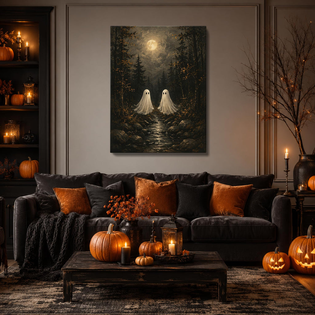 Halloween Canvas Wall Art, Two Ghosts Moonlit Forest Halloween Pictures