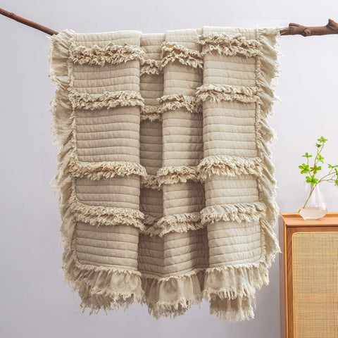 Ultra Soft Pre-Washed Quilted Boho Throw Blanket, Ruffle Fringed Beige Decorative Throw, Stone Washed Chic Rustic