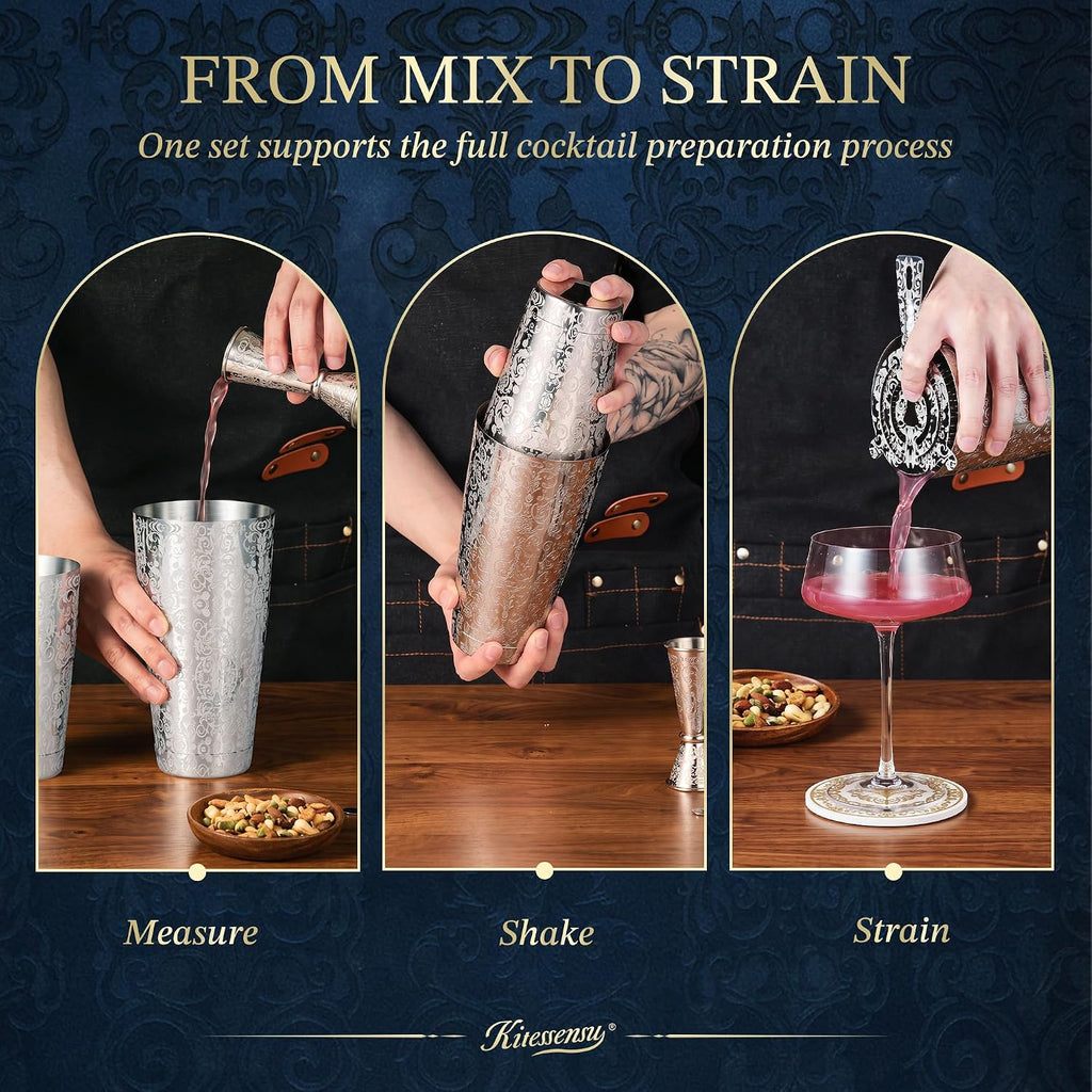Etched Boston Cocktail Shaker Set, Baroque Scroll Engraved - Set of 4