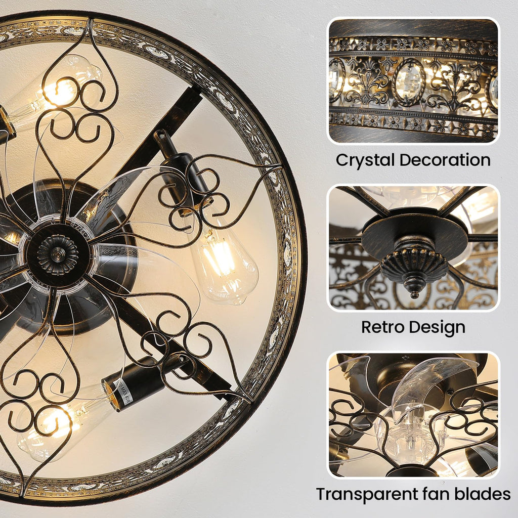Low Profile Caged Ceiling Fan with Light Black Rustic Fandelier