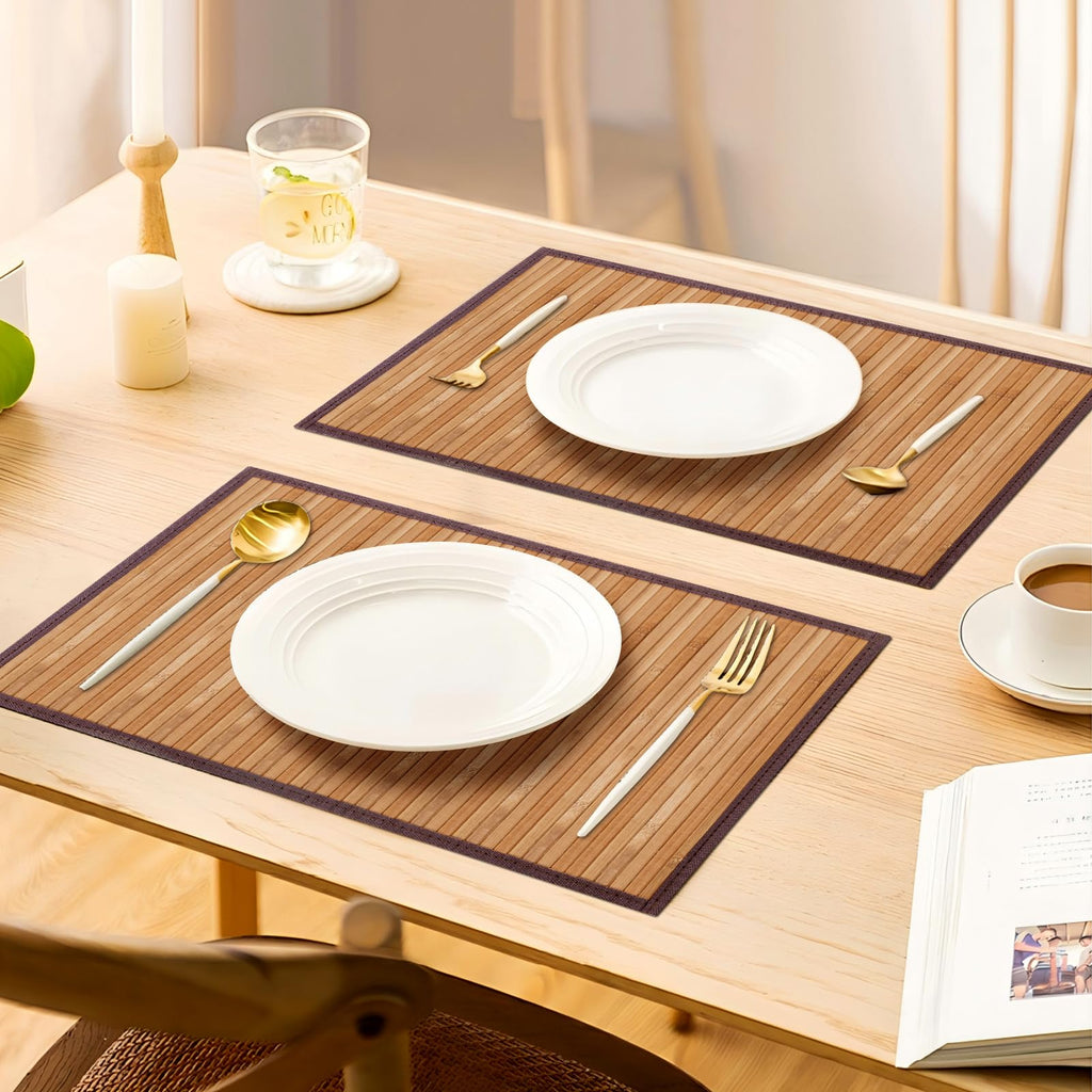 Bamboo Placemats Set of 8 with Fabric Border, Table Mats, Camel