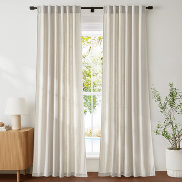 Beige Cotton Linen Curtains 84 inch Long 2 Panels Set, 55" Wide Flax Belgian Linen Blend Organic Privacy Window